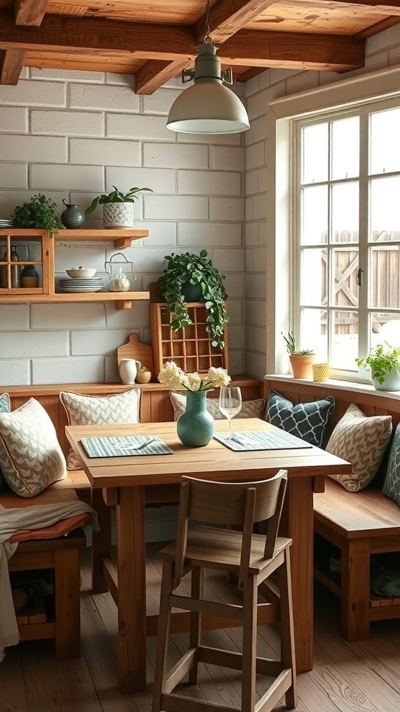 A cozy kitchen nook with wooden seating, cushions, and a table, surrounded by plants.