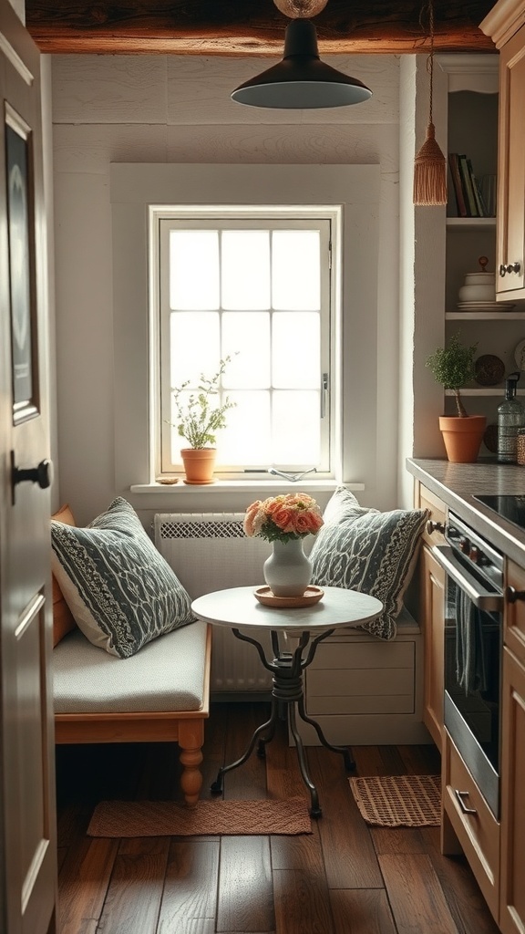 A cozy kitchen nook with a small table, comfortable seating, and plants.