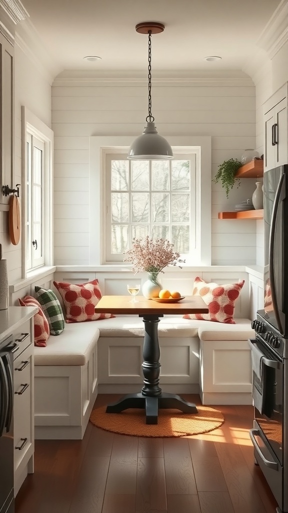 Cozy nook with built-in seating in a farmhouse kitchen, featuring a small table, cushions, and a window.