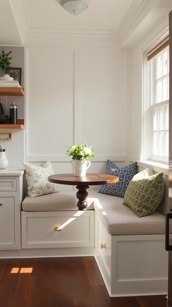 Cozy kitchen nook with built-in seating and decorative pillows