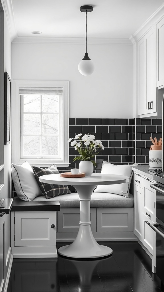 Cozy kitchen nook with black and white decor, featuring a round table and cushioned seating.