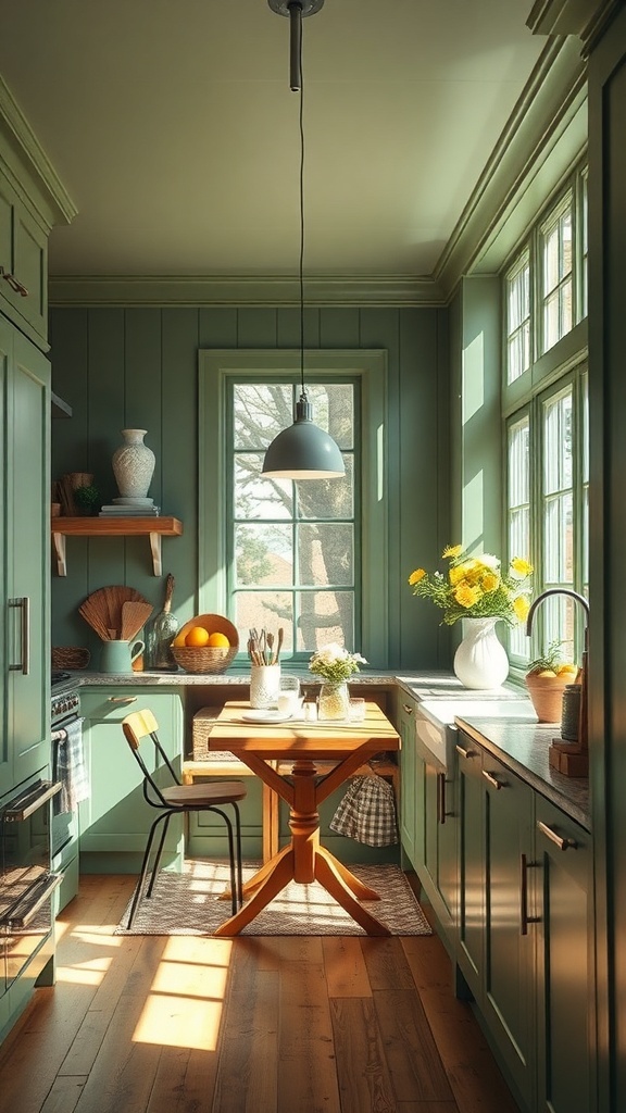 A rustic green kitchen with natural lighting, featuring a small wooden table and large windows.