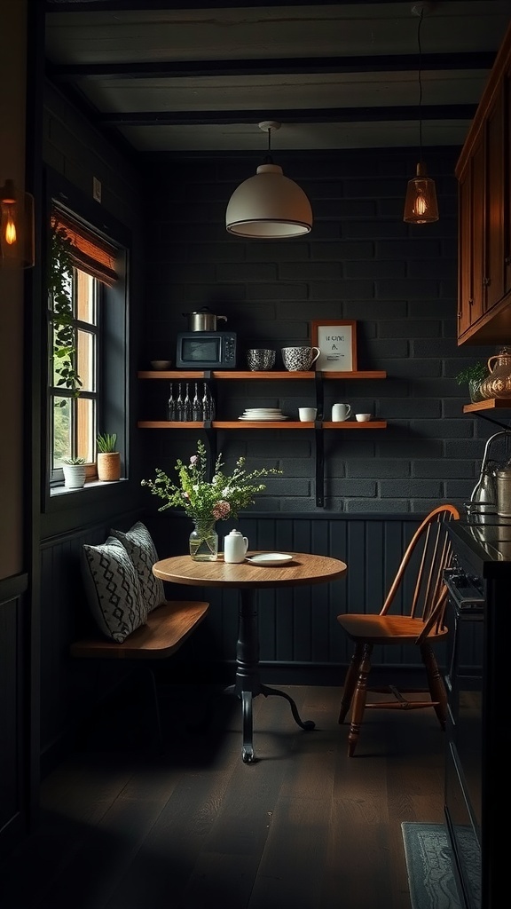 Cozy nook in a dark rustic kitchen with a small table, seating, and fresh flowers.