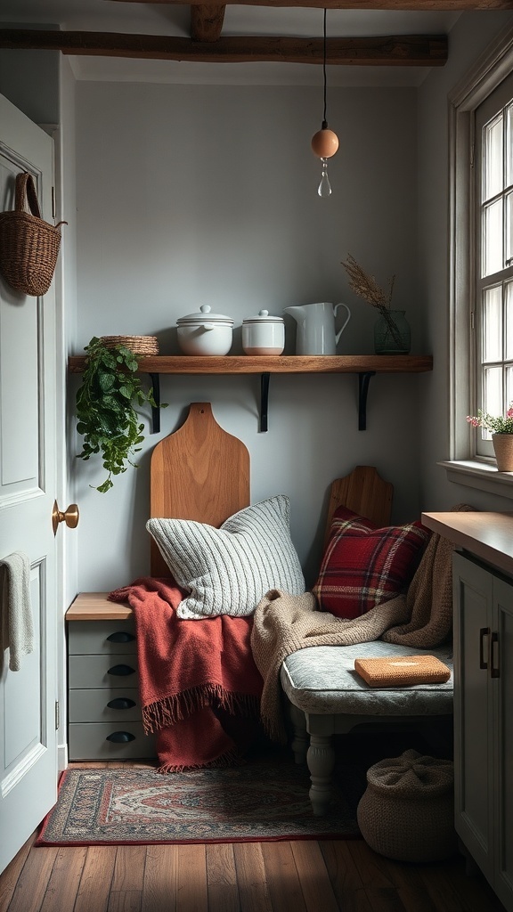 A cozy nook in a farmhouse kitchen with soft textiles, blankets, and cushions.