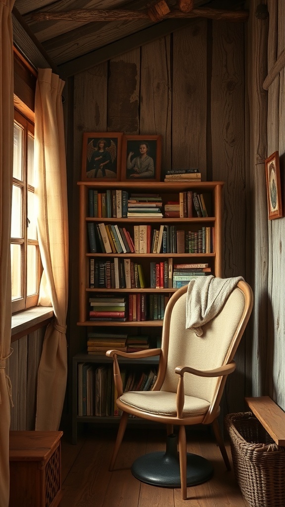 A cozy reading nook with a chair, bookshelf, and warm lighting.