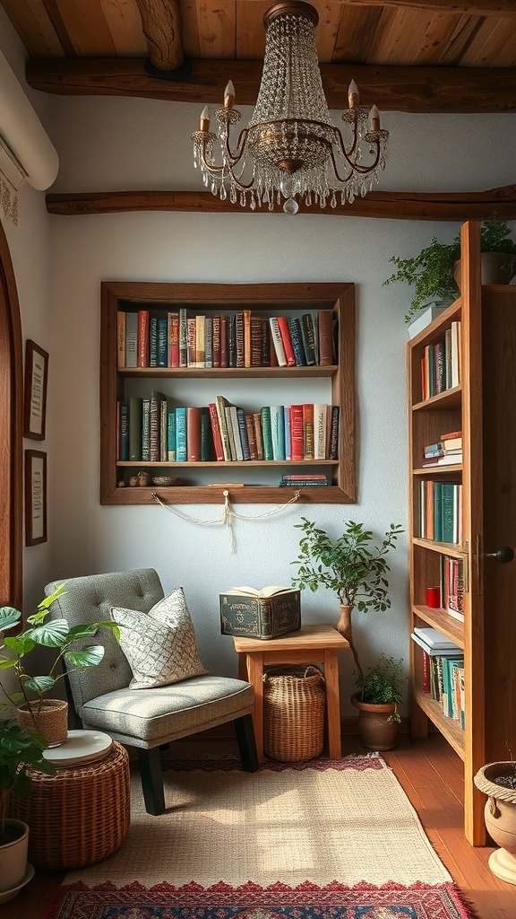 A cozy reading nook with a comfortable chair, bookshelves, and plants.