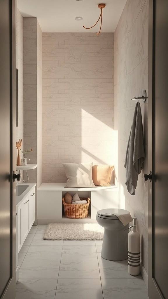 A cozy nook in a rustic boho bathroom featuring a bench with pillows and a basket.