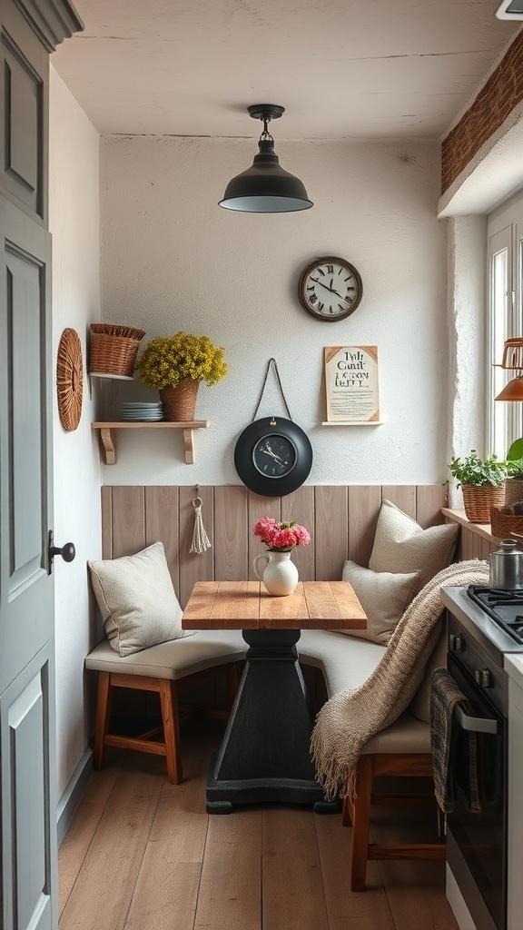 A cozy dining nook in a rustic kitchen with a small table, comfortable seating, and decorative elements.