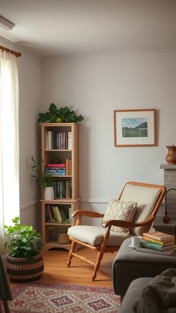 A cozy reading nook with a chair, bookshelf, and plants.