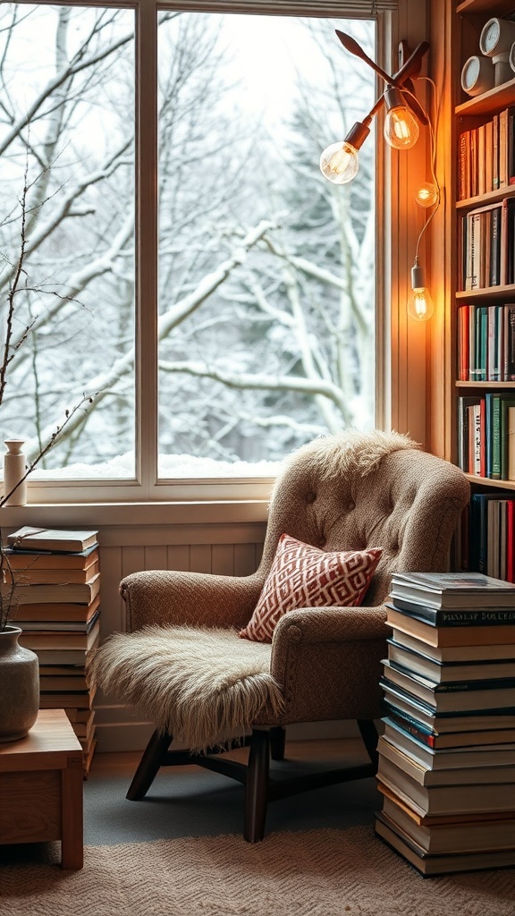 A cozy reading nook with a chair, bookshelves, and a snowy view outside.