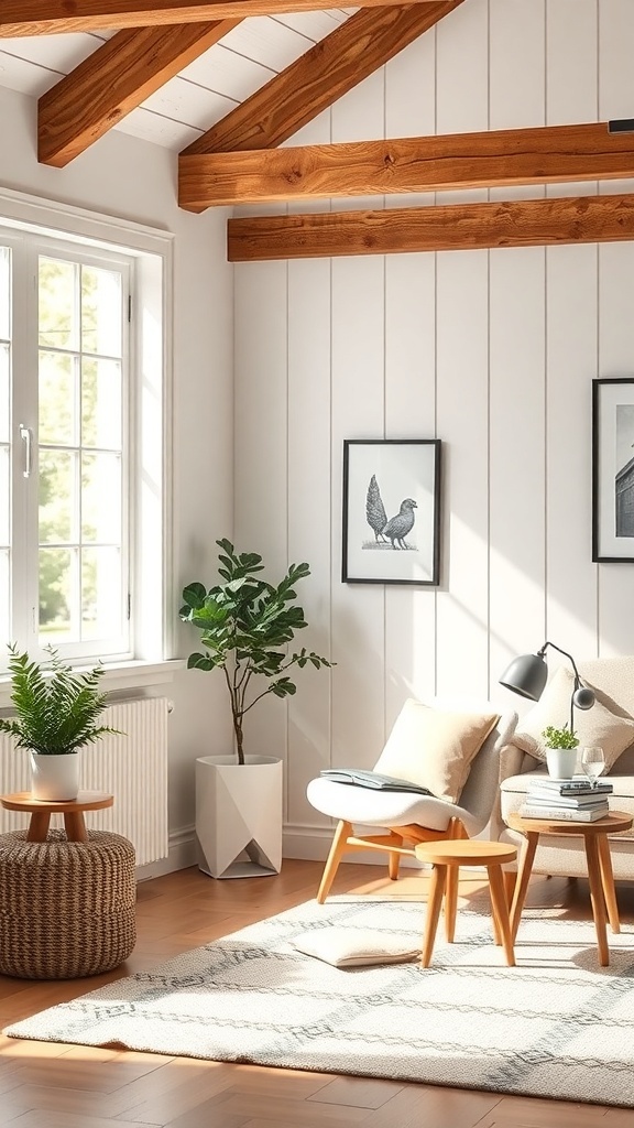 A cozy reading nook in a modern cottage living room with a comfortable chair, plants, and natural light.