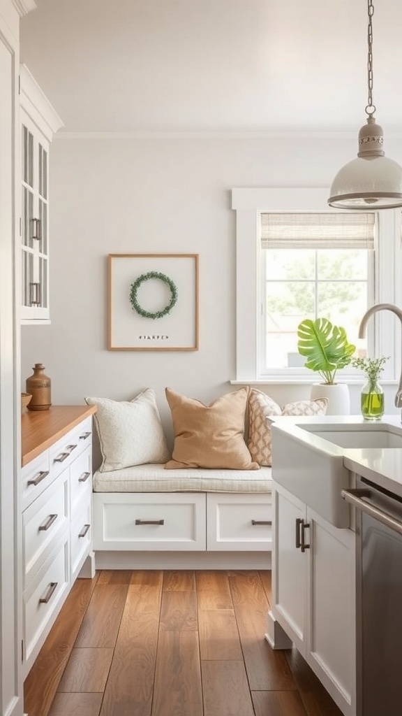 Cozy nook in a modern farmhouse kitchen with cushions and natural light