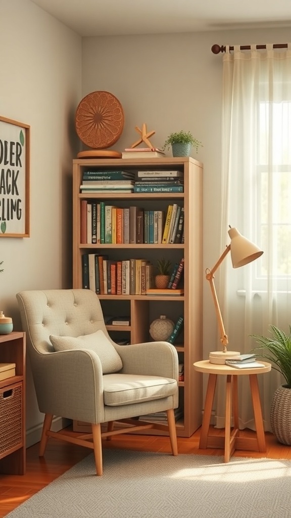 A cozy reading nook featuring a comfortable chair, bookshelf, and warm lighting.