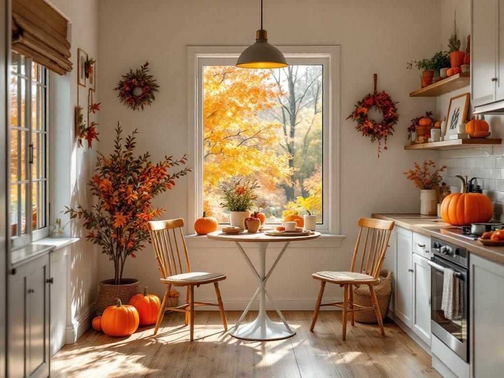 A cozy kitchen nook decorated for fall with pumpkins and autumn leaves.