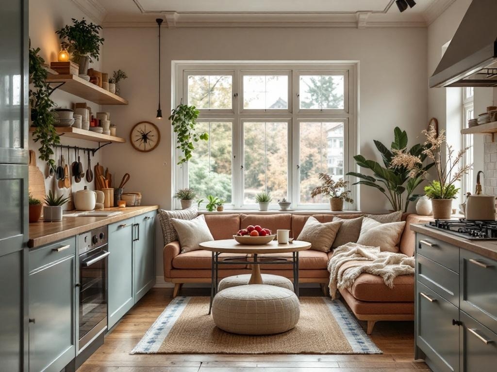 A cozy kitchen nook with a sofa, round table, and plants, creating a warm and inviting atmosphere.