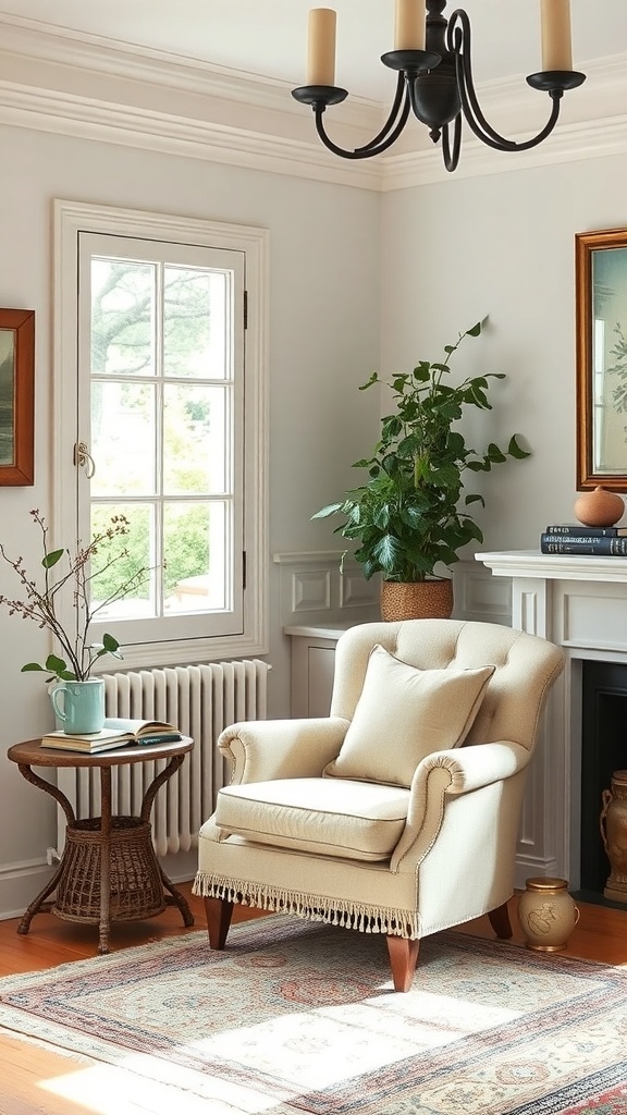Cozy nook in a French cottage living room with an armchair, side table, and plants.