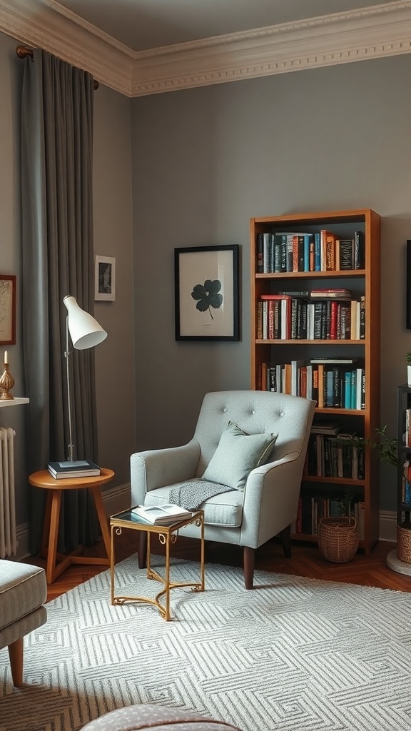 Cozy modern farmhouse living room nook with a chair, side table, and bookshelf.