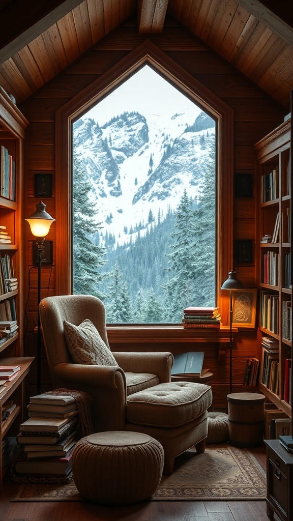 Cozy reading nook in a mountain cabin with a view of snowy mountains.