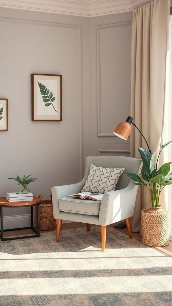 A cozy corner in an English cottage living room featuring a light blue armchair, a small side table, and potted plants.