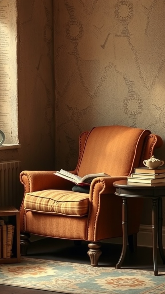 A cozy nook with an orange armchair, a book, and a small table with books and a teacup.