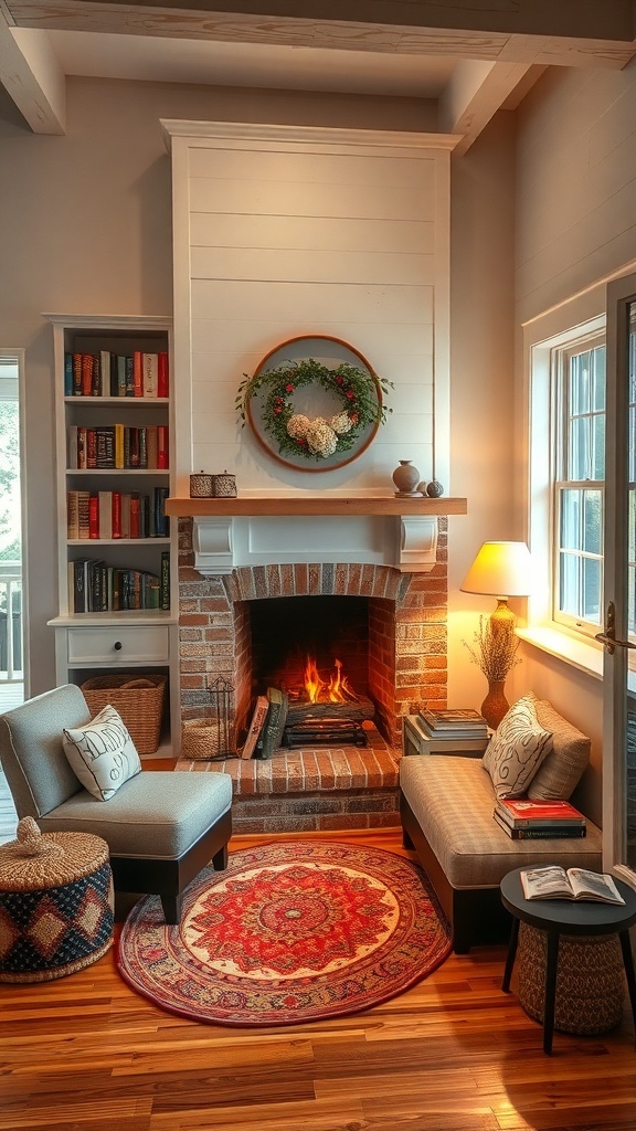 Cozy nook with a built-in fireplace in a farmhouse style.