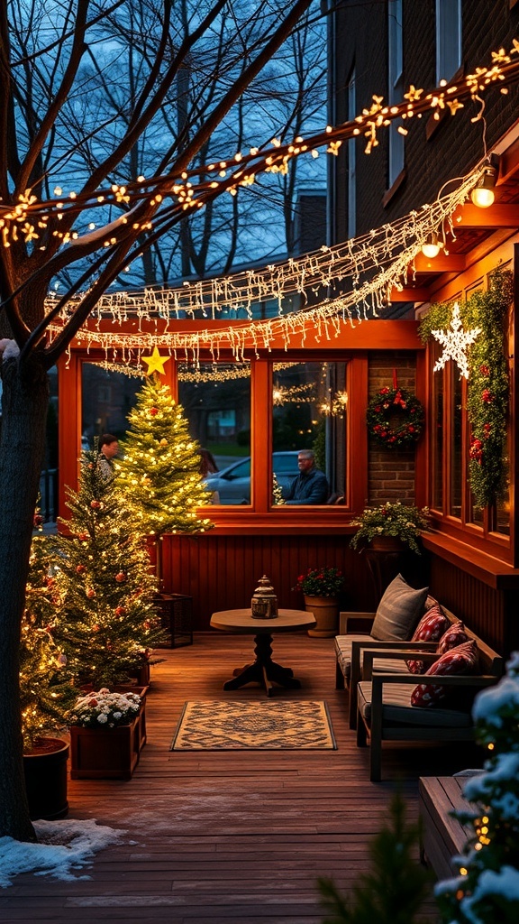Cozy outdoor Christmas decor with lights and a decorated tree.