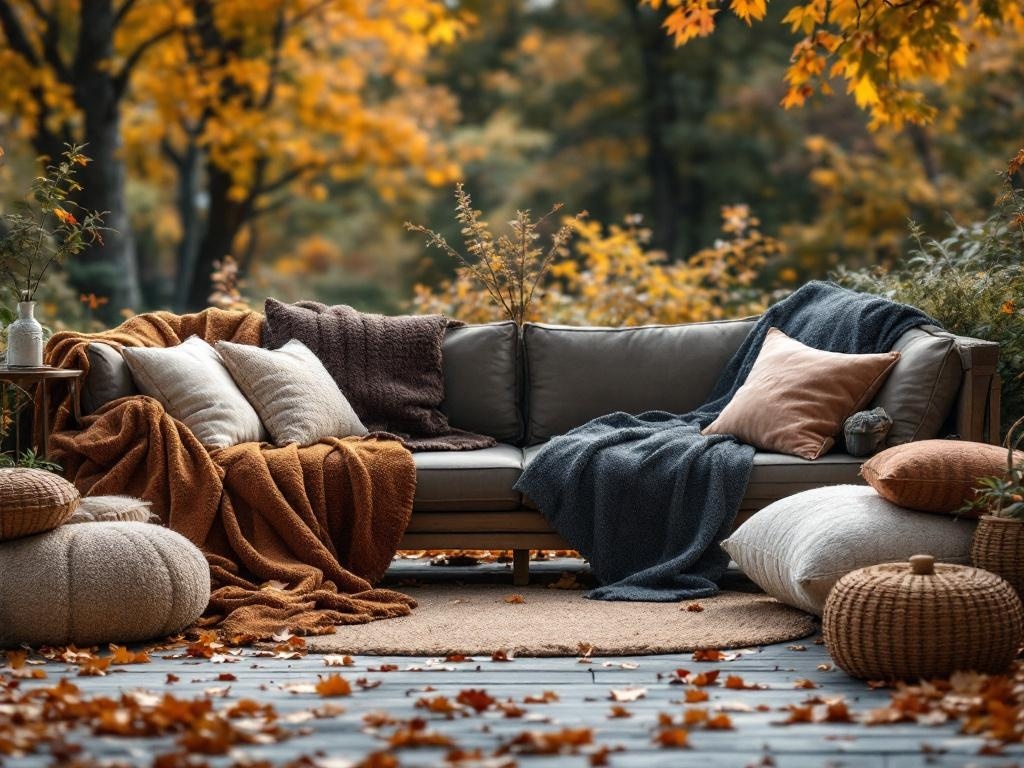 Cozy outdoor seating area with throws and pillows surrounded by autumn leaves