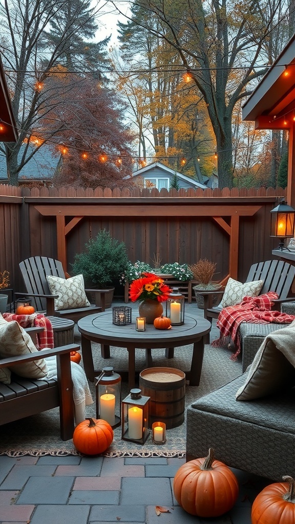Cozy outdoor space decorated for fall with pumpkins, candles, and comfortable seating.