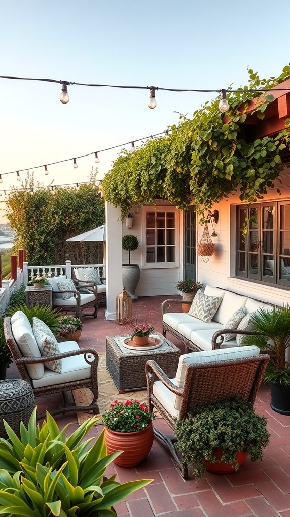 Cozy outdoor seating area with plants and warm lighting.