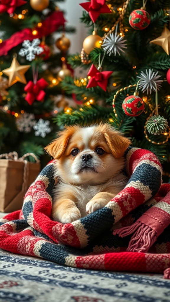 A cozy dog wrapped in a blanket near Christmas trees with decorations.