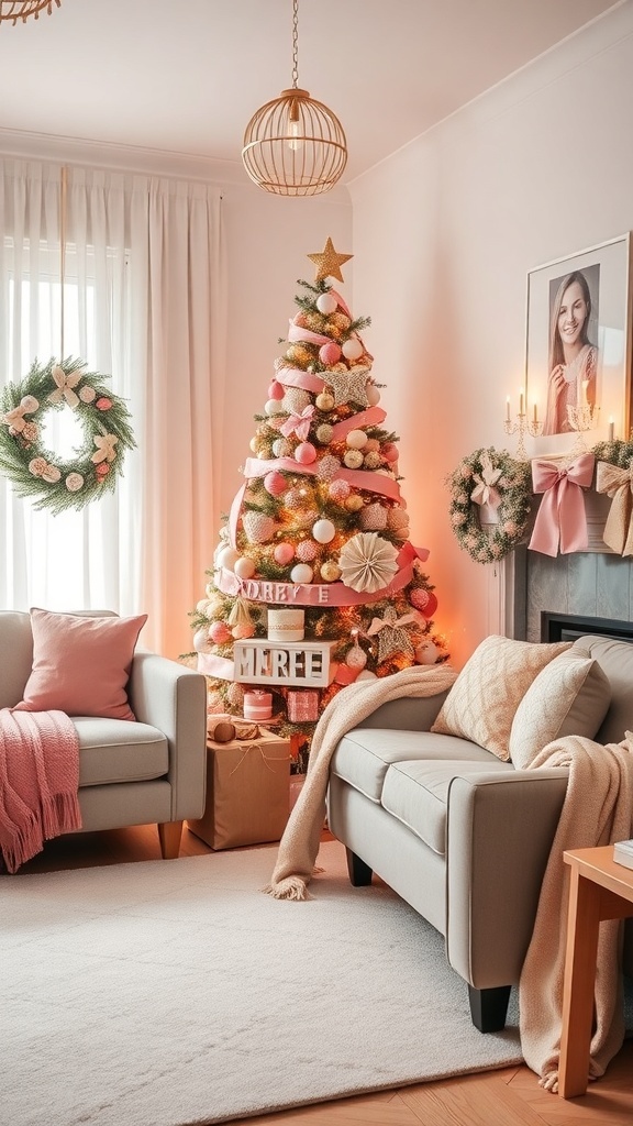 A cozy living room featuring a pink and gold Christmas tree, soft seating, and holiday decorations.