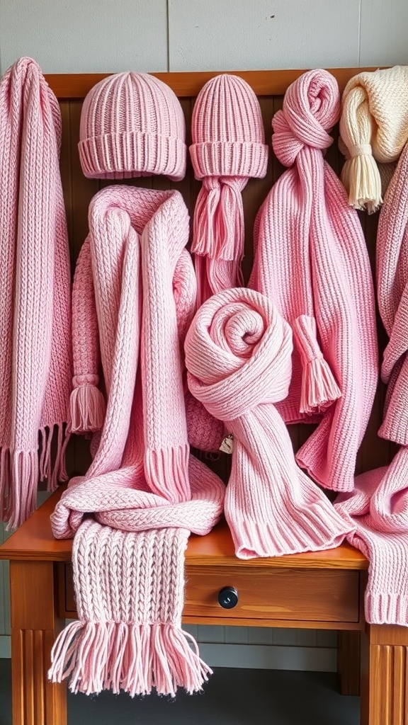 A collection of soft pink knit accessories including scarves and hats.