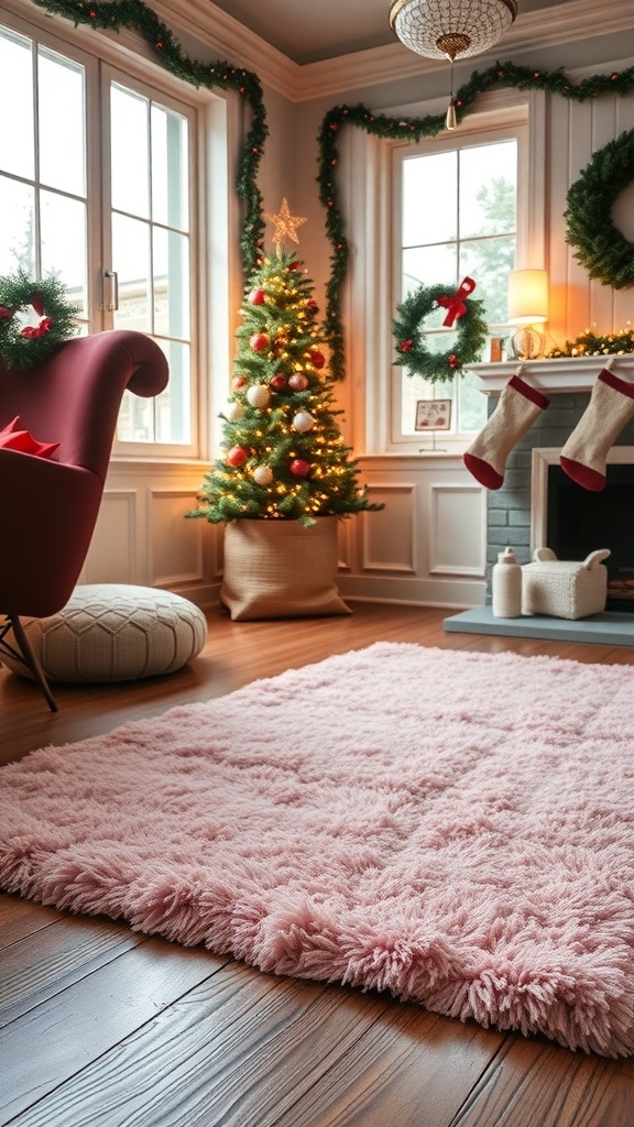 A cozy pink rug in a festive Christmas bedroom setting.