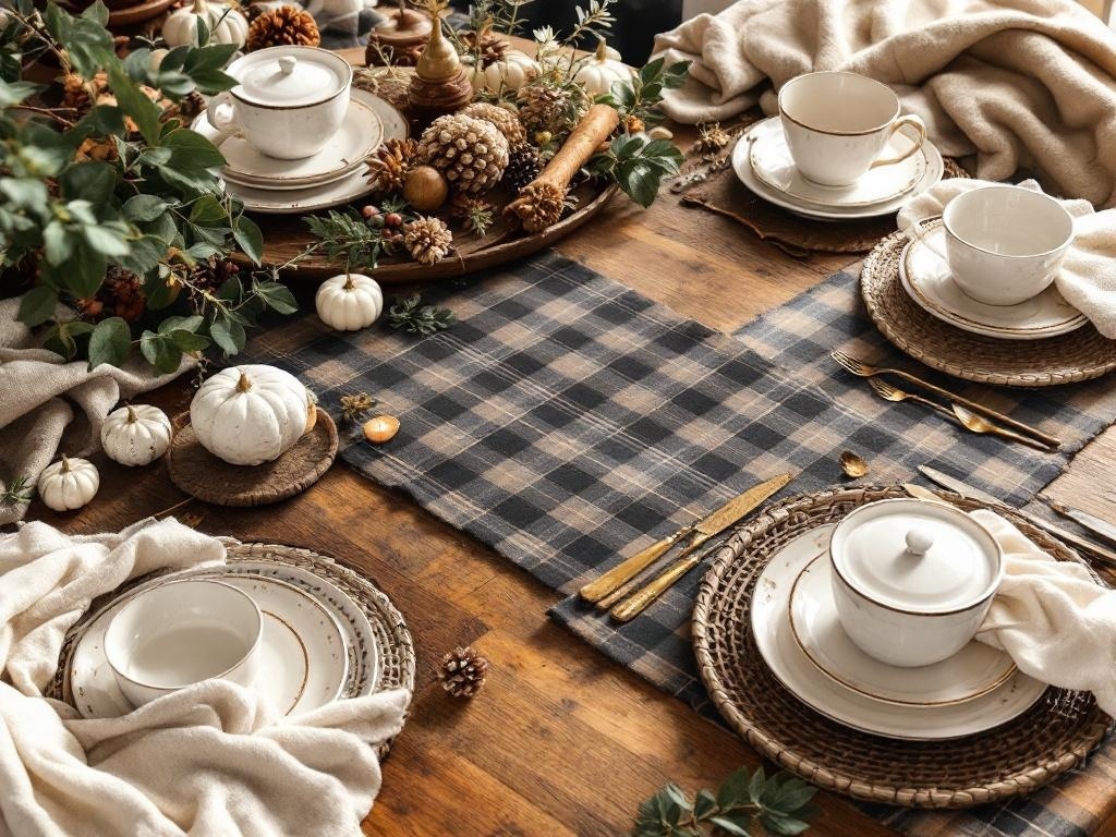Thanksgiving table setting with plaid accents, white pumpkins, and natural decor