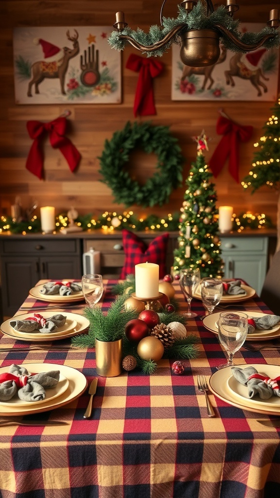 A beautifully set Christmas table with cozy plaid linens, featuring plates, glassware, and festive decorations.