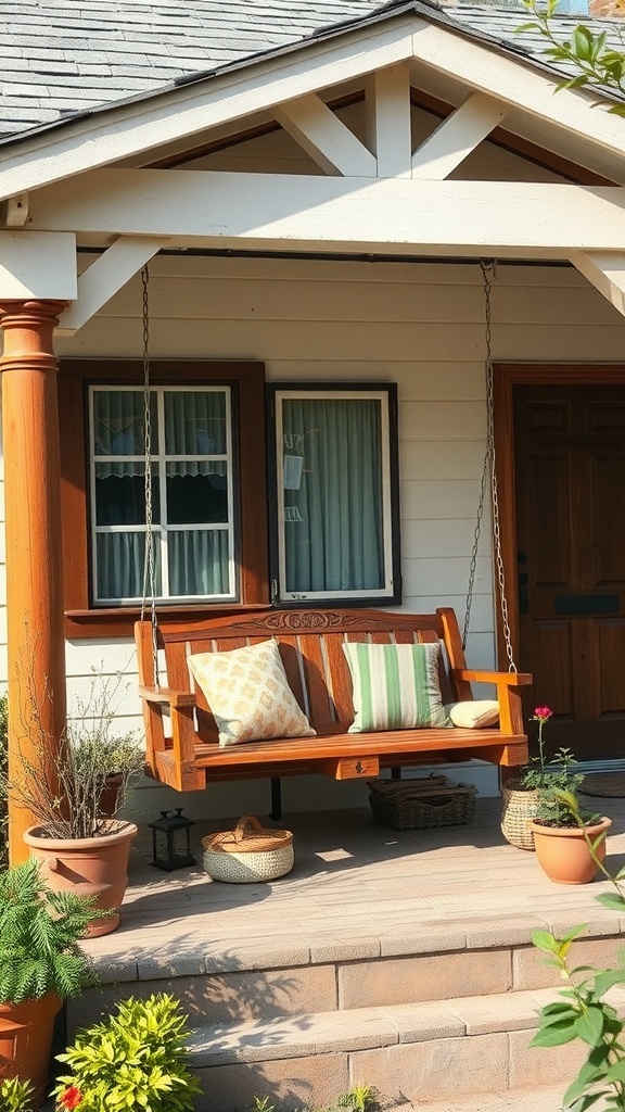 A cozy porch swing with cushions, surrounded by potted plants.