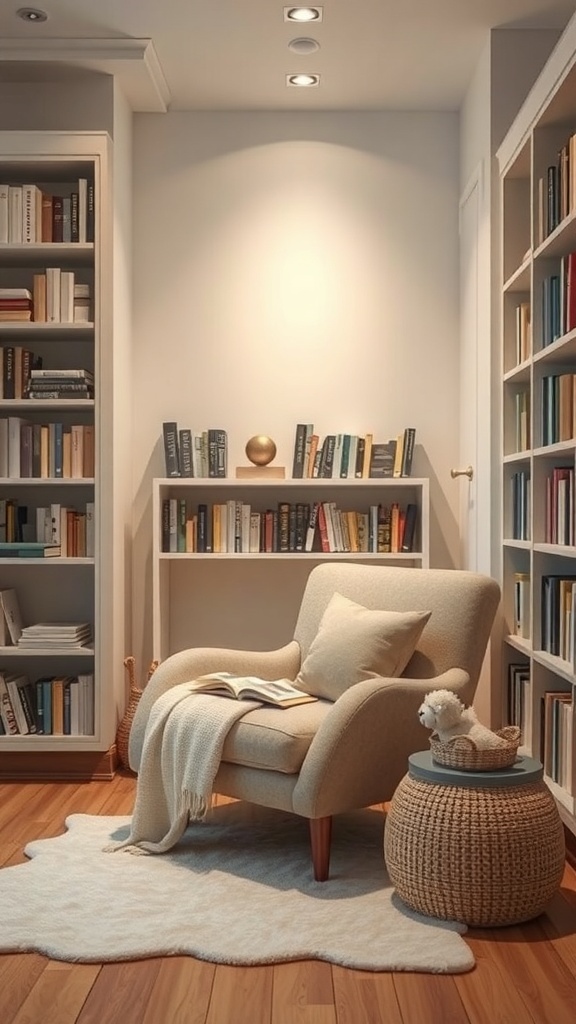 A cozy reading corner featuring a comfortable chair, a blanket, and a bookshelf filled with books.