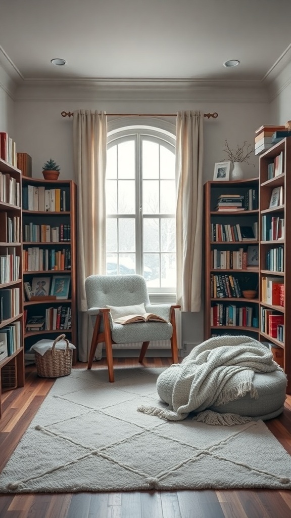 Cozy reading corner with a chair, bookshelves, and blankets.
