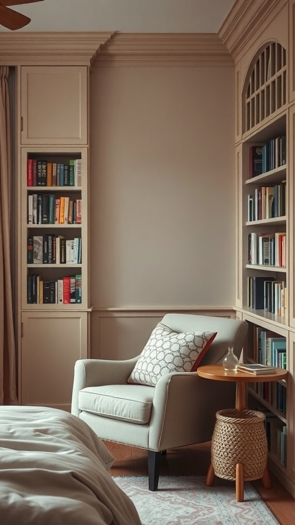 Cozy reading corner with a comfortable chair and built-in bookshelves.