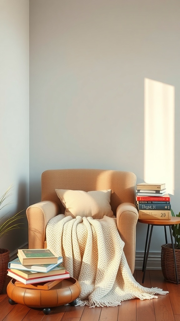 A cozy reading corner featuring a soft armchair, a warm blanket, and a stack of books.