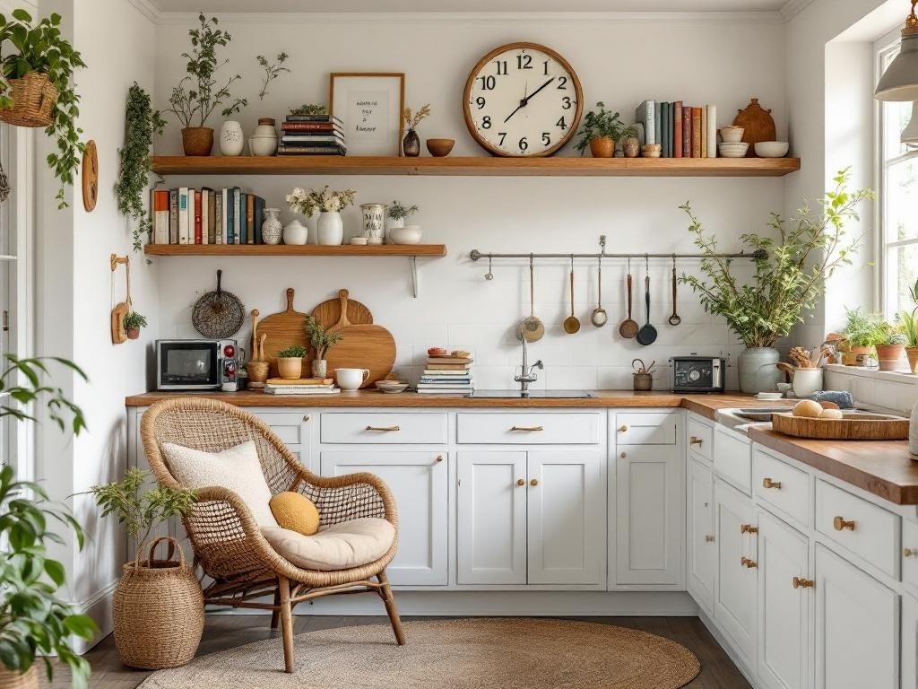 A cozy kitchen with a reading corner featuring cookbooks on wooden shelves, a comfortable chair, and plants.