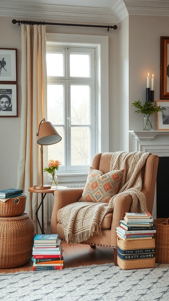 Cozy reading nook with an armchair, blanket, bookshelf, and stacked books.