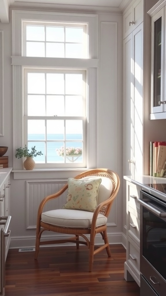 Cozy reading nook by the window in a coastal farmhouse kitchen.