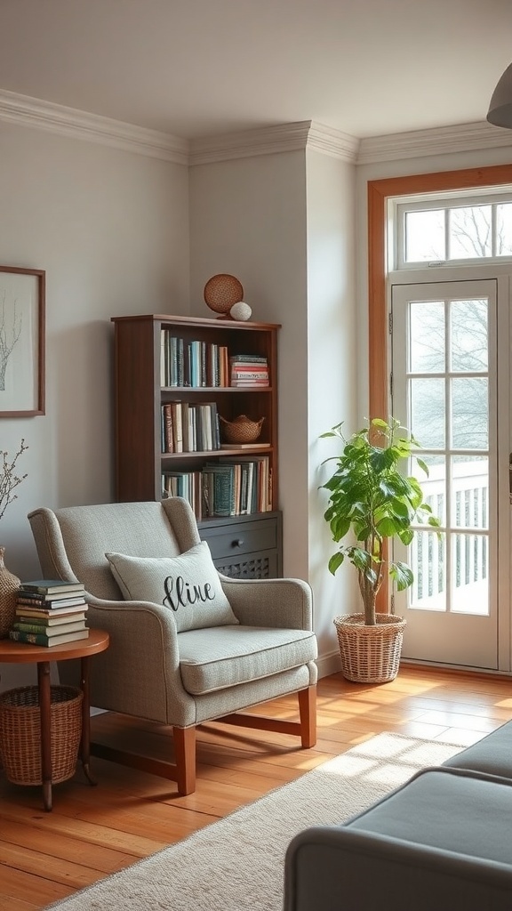 Cozy reading nook with a soft chair, books, and a plant by the window.