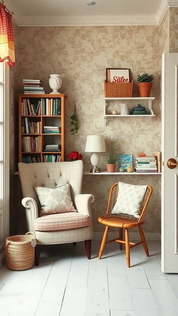 A cozy reading nook with a comfortable chair, bookshelves, and decorative plants.