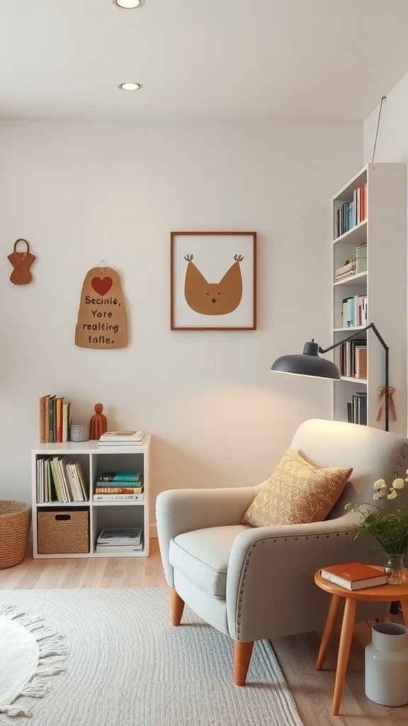 Cozy reading nook with a soft armchair, bookshelf, and warm decor