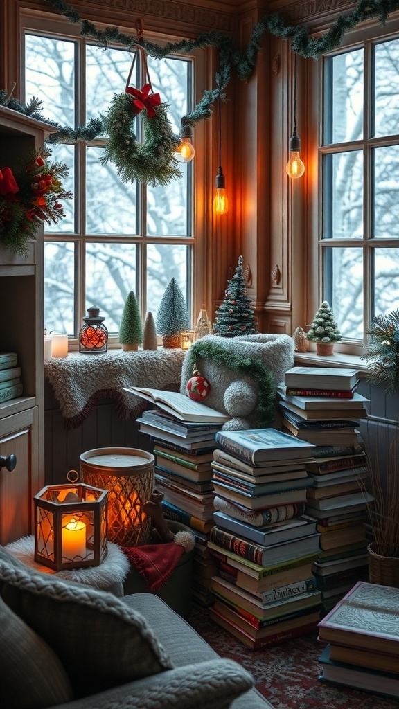 A cozy reading nook with books, warm lighting, and winter decorations.