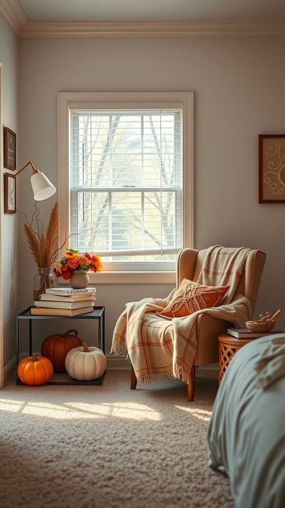 Cozy reading nook with an armchair, blanket, pumpkins, and flowers