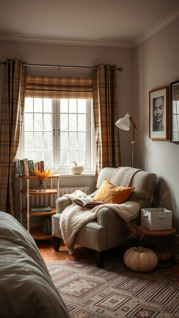 Cozy reading nook with a chair, throw blanket, and books by a window.