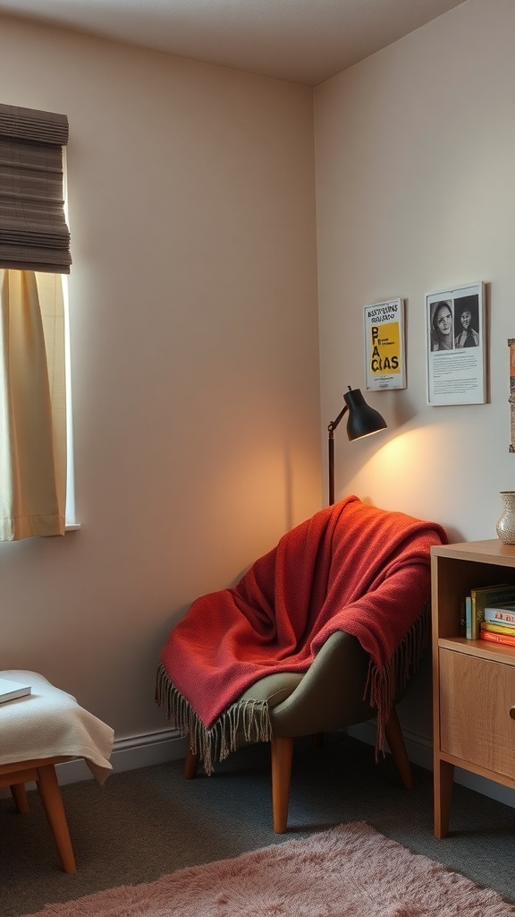 Cozy reading nook with a chair, blanket, lamp, and bookshelf